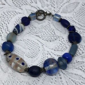 VINTAGE artisan sterling silver art glass murano + sea glass bead bracelet boho